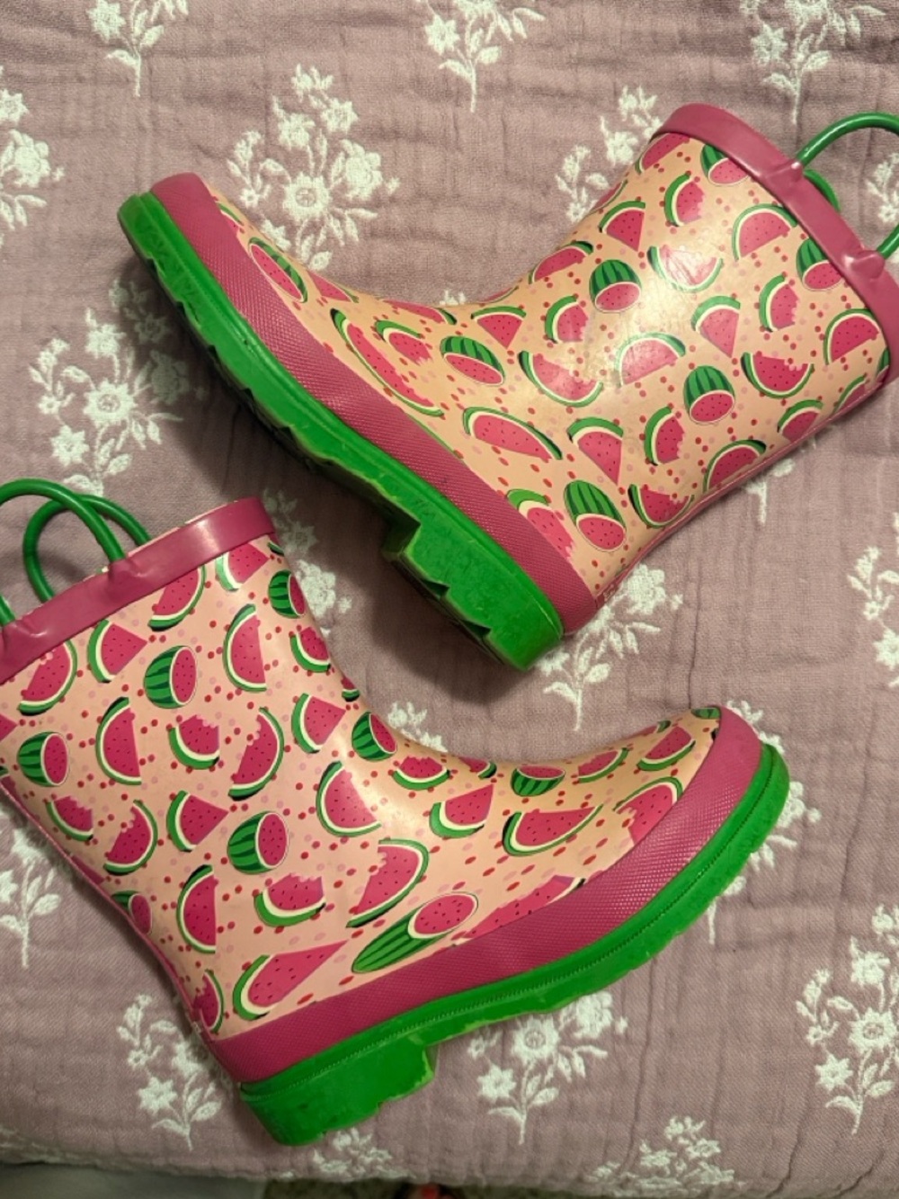 Lily & Dan Watermelon Rain Boots with Green Pull On Handles